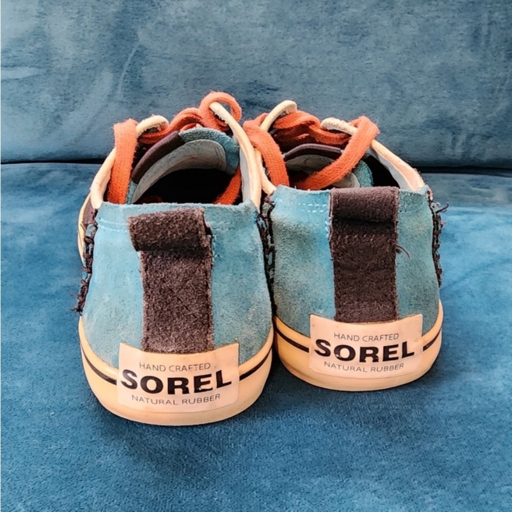 Sorel Men’s Blue Suede, Black Canvas, and Orange-Laced Sneakers